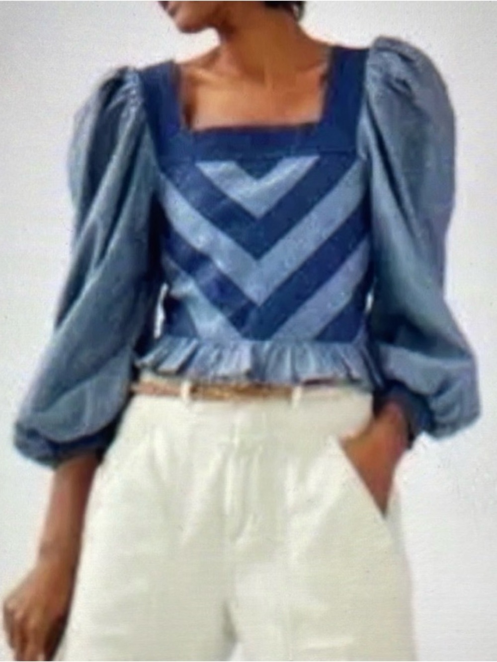 Anthropologie Love the Label Smocked Puff-Sleeve
Denim Blouse
